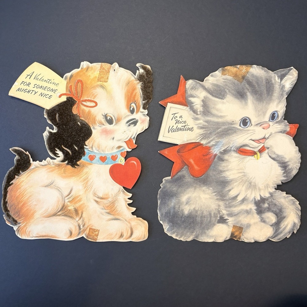 Vintage 1940s 50s Lot of 2 Hallmark Cards Valentines Cat Kitten Dog Puppy READ